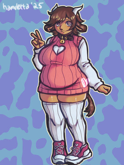 A solo drawing of a character who is part cow, part human. They have light tan skin, brown hair, and grey eyes. Additionally, they have spotted ears and a spotted tail, as well as white horns. They are wearing a short pink sweater dress, white socks, a bel