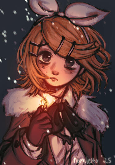 A warm-colored painting of Kagamine Rin in a snowstorm. She is wearing a white bow, red gloves, and a fur coat. A snowstorm is blowing her hair to the right. She is holding a lit match and has tears in her eyes.