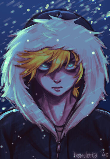 A cool-colored painting of Kagamine Len in a snowstorm. He is wearing a dark blue hoodie with a white fur trim. A blizzard is blowing his hair to the right. He is staring at the viewer menacingly.