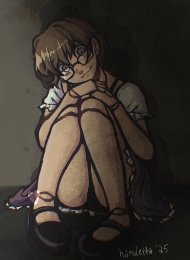 A drawing of a girl with ball joints sitting with her knees to her chest. She has light brown hair, pale skin, grey eyes, and glasses. She is wearing a white blouse, a lacy purple skirt, and Mary Jane shoes. Her eyes are wide, and she is partially obscured