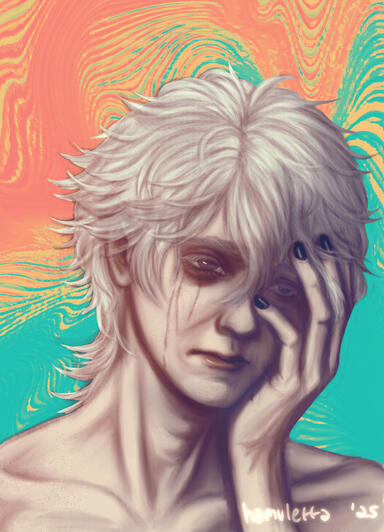 A painterly, semi-realistic bust portrait of a person with albinism. The person has a short white mullet, pink eyes, and black nail polish. He is emaciated. The person's mascara is running, he is facing the right, and he looks anguished. His face is partia